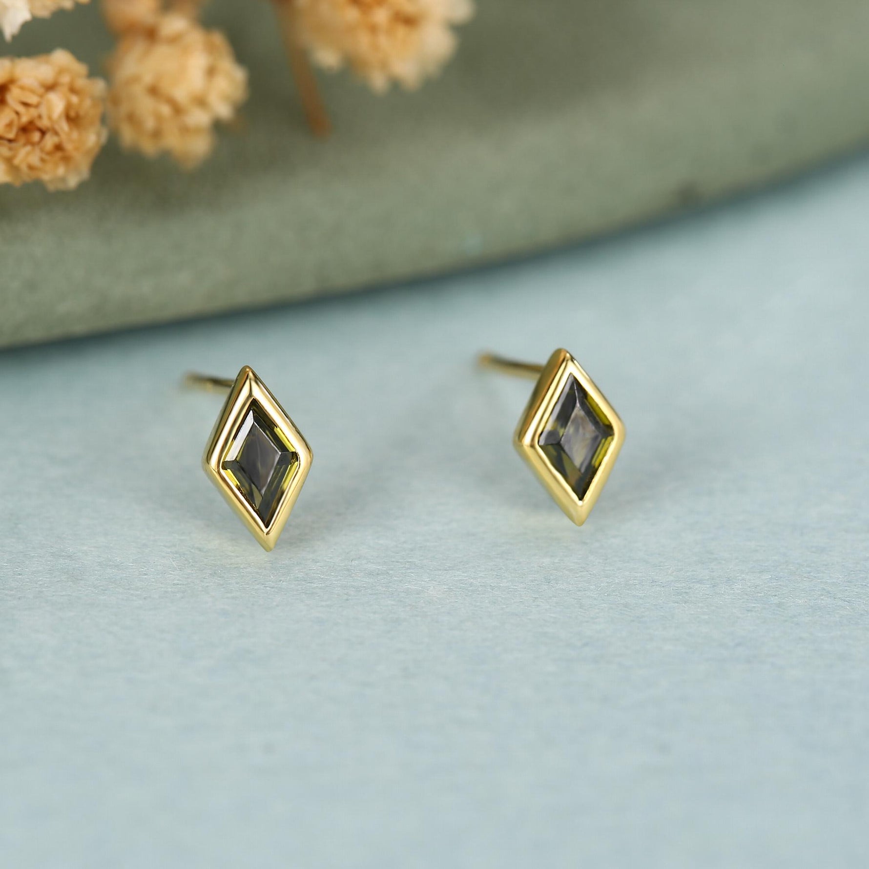 Sterling Silver Olive Green CZ Rhombus Stud Earrings