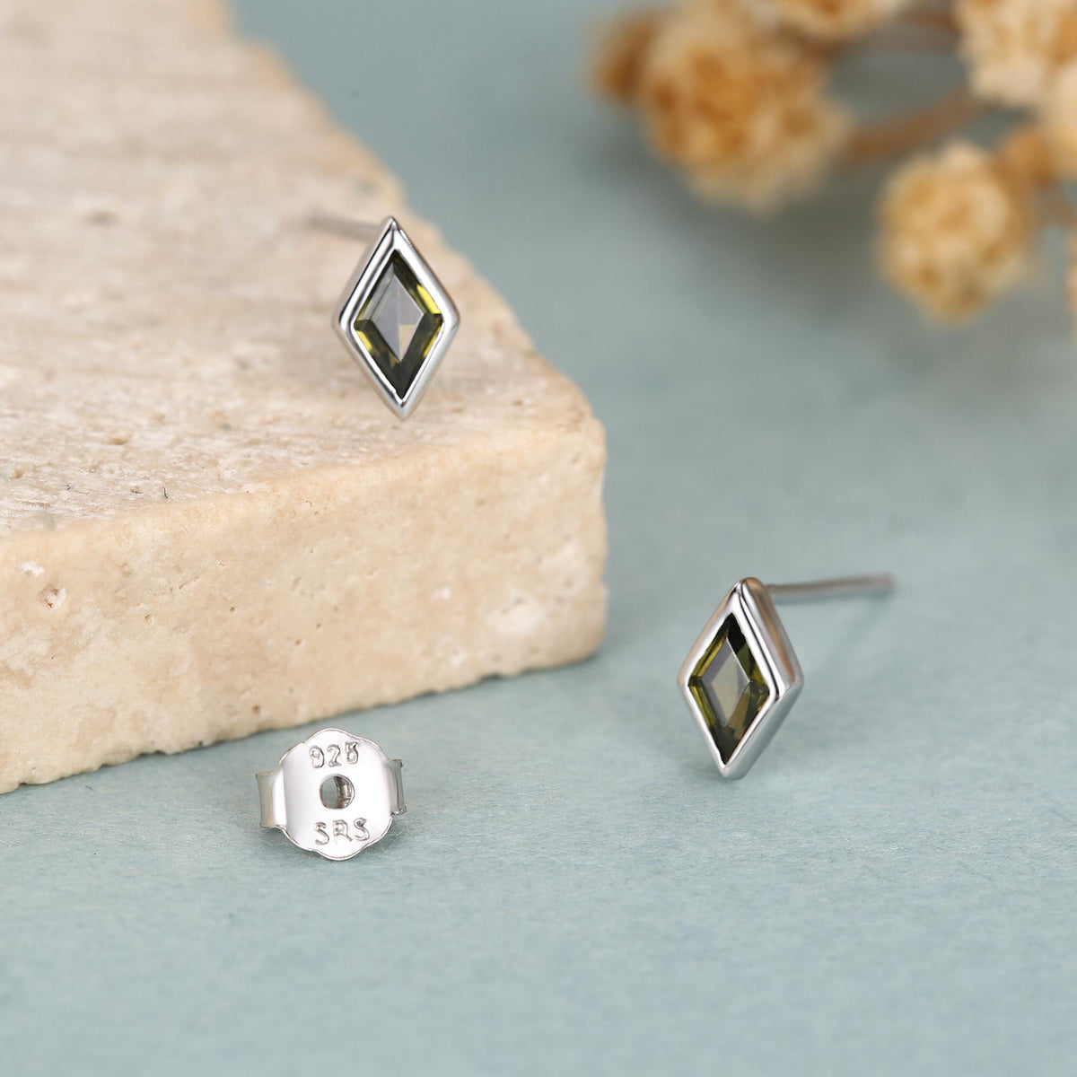 Sterling Silver Olive Green CZ Rhombus Stud Earrings