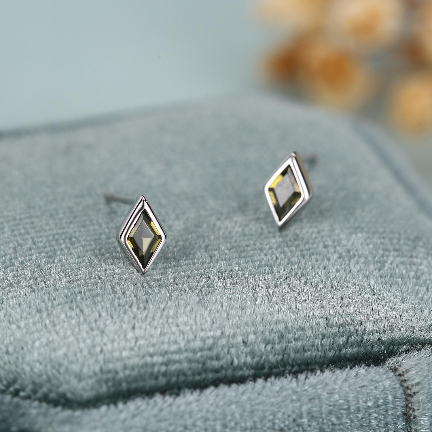 Sterling Silver Olive Green CZ Rhombus Stud Earrings