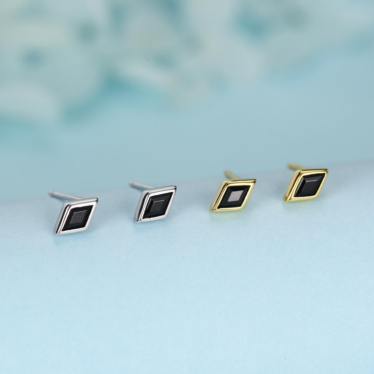 Sterling Silver Black CZ Rhombus Stud Earrings