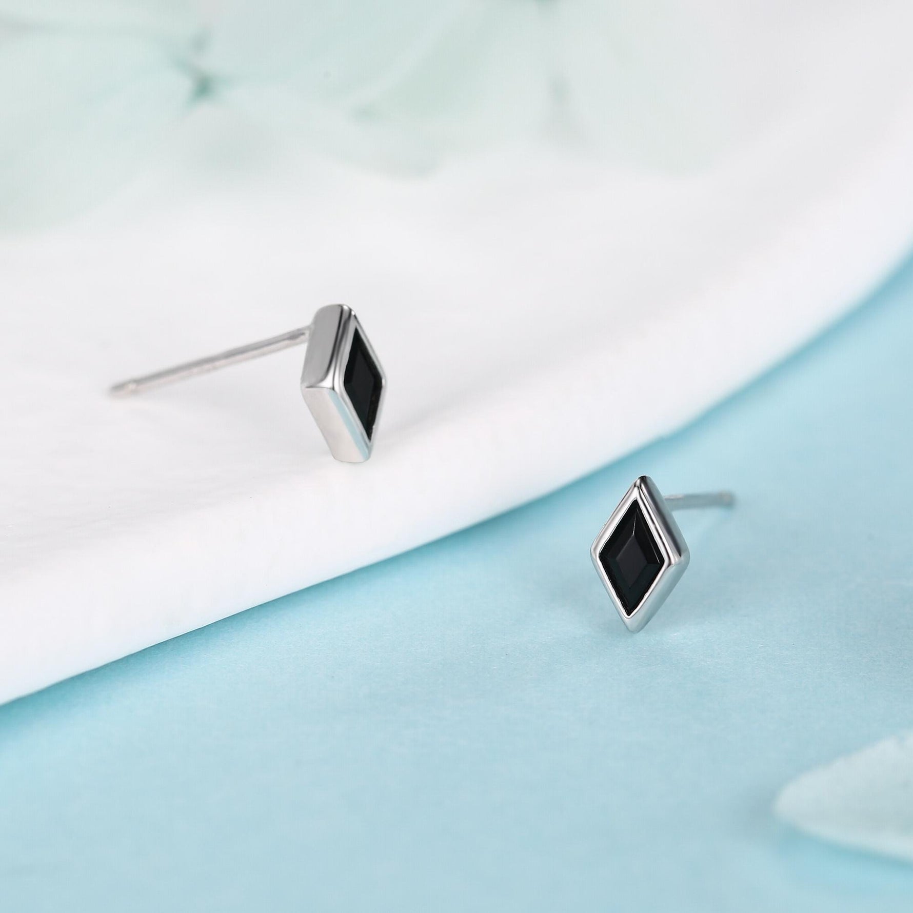 Sterling Silver Black CZ Rhombus Stud Earrings