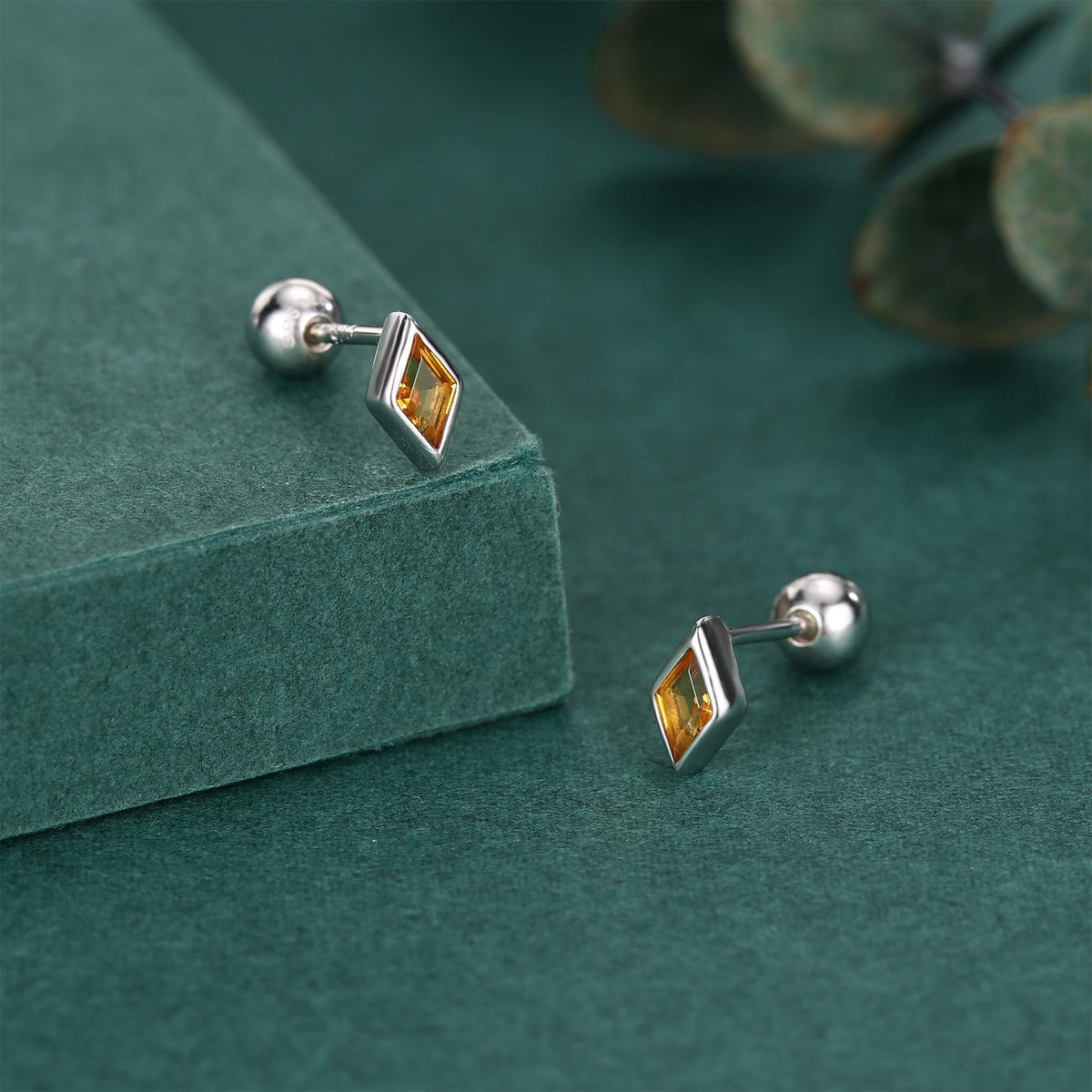 Sterling Silver Citrine CZ 18G Screw Back Rhombus Stud Earrings with Ball Backs
