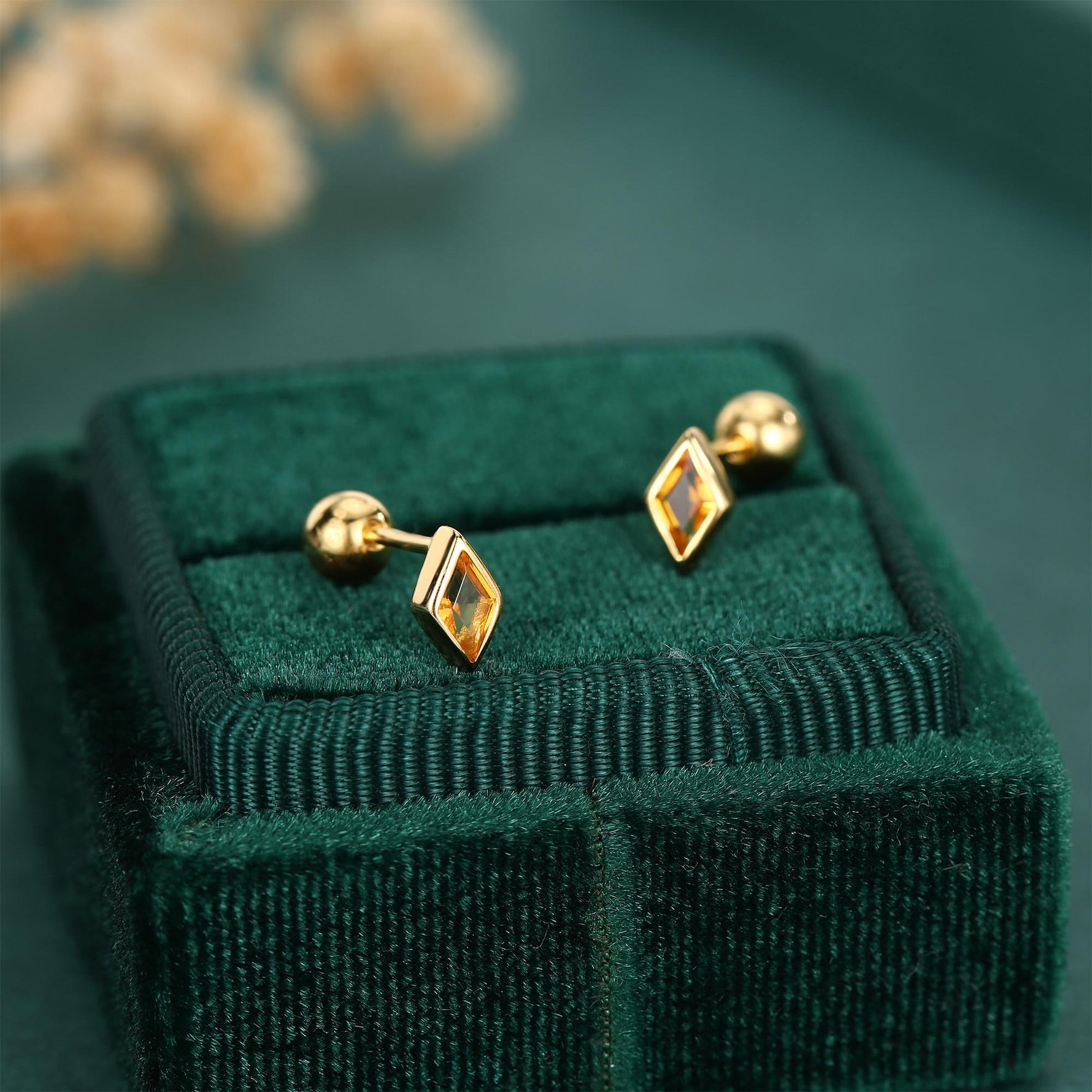 Sterling Silver Citrine CZ 18G Screw Back Rhombus Stud Earrings with Ball Backs