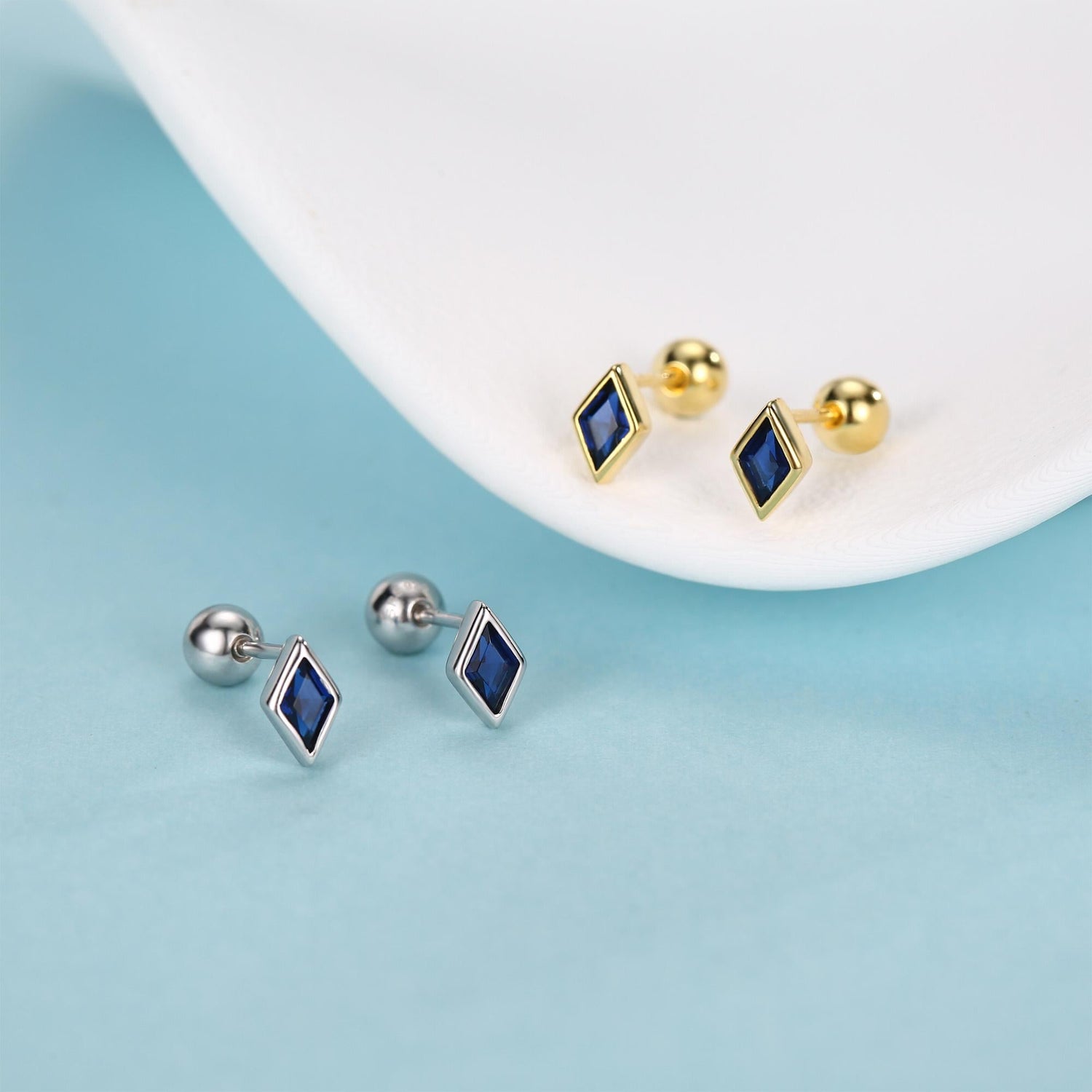 Sterling Silver Sapphire Blue CZ 18G Screw Back Rhombus Stud Earrings with Ball Backs