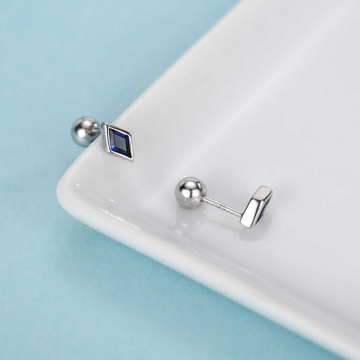 Sterling Silver Sapphire Blue CZ 18G Screw Back Rhombus Stud Earrings with Ball Backs