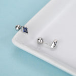 Sterling Silver Sapphire Blue CZ 18G Screw Back Rhombus Stud Earrings with Ball Backs