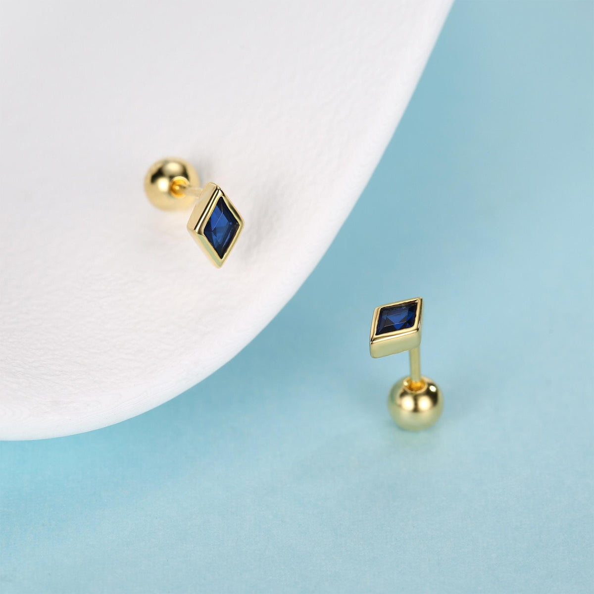 Sterling Silver Sapphire Blue CZ 18G Screw Back Rhombus Stud Earrings with Ball Backs
