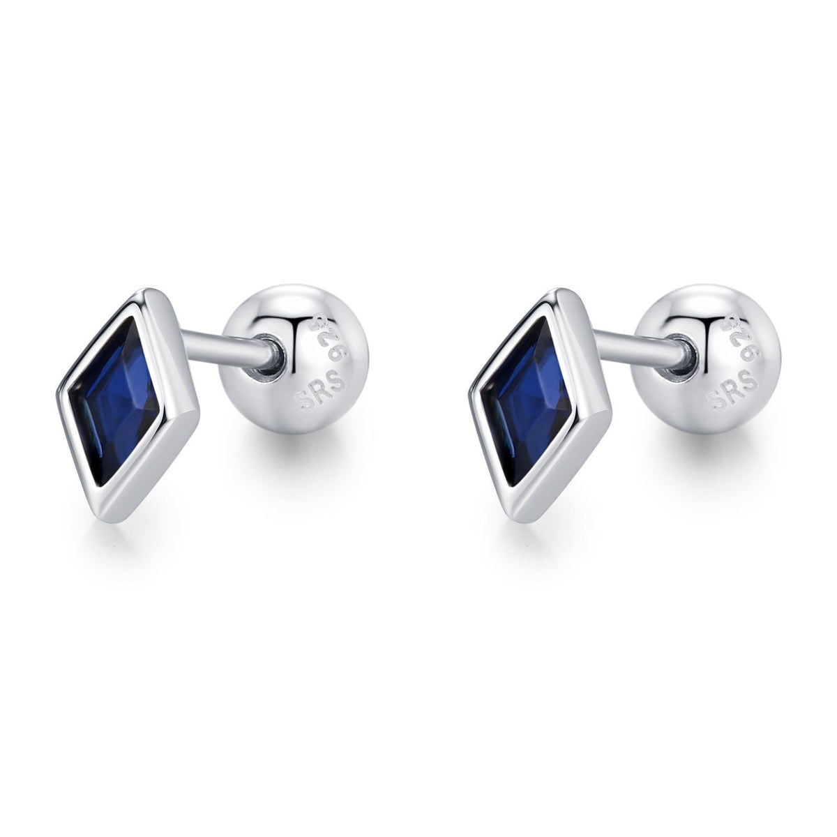 Sterling Silver Sapphire Blue CZ 18G Screw Back Rhombus Stud Earrings with Ball Backs