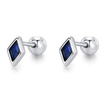 Sterling Silver Sapphire Blue CZ 18G Screw Back Rhombus Stud Earrings with Ball Backs