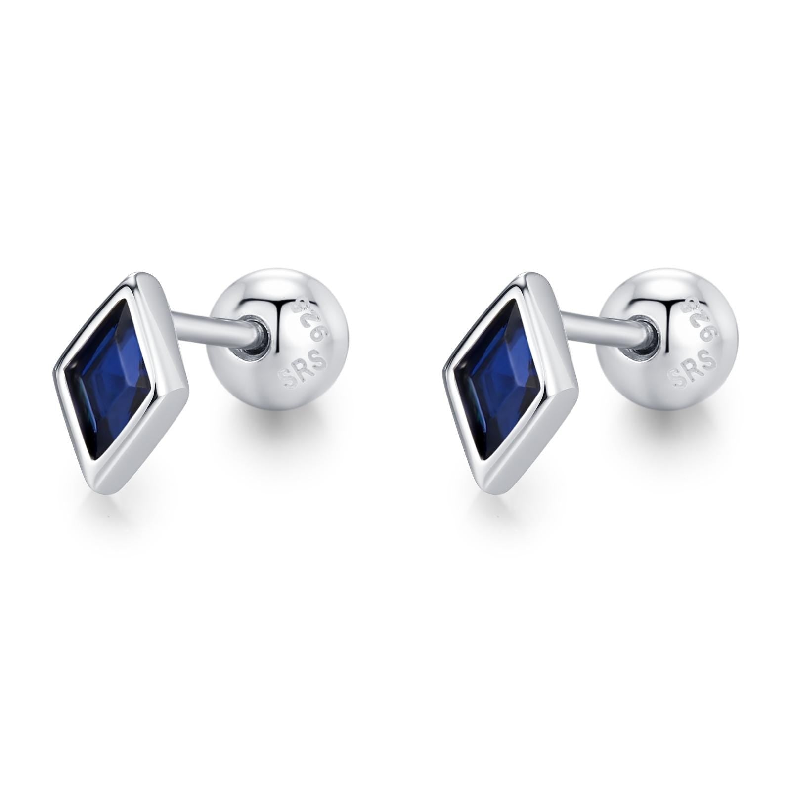 Sterling Silver Sapphire Blue CZ 18G Screw Back Rhombus Stud Earrings with Ball Backs