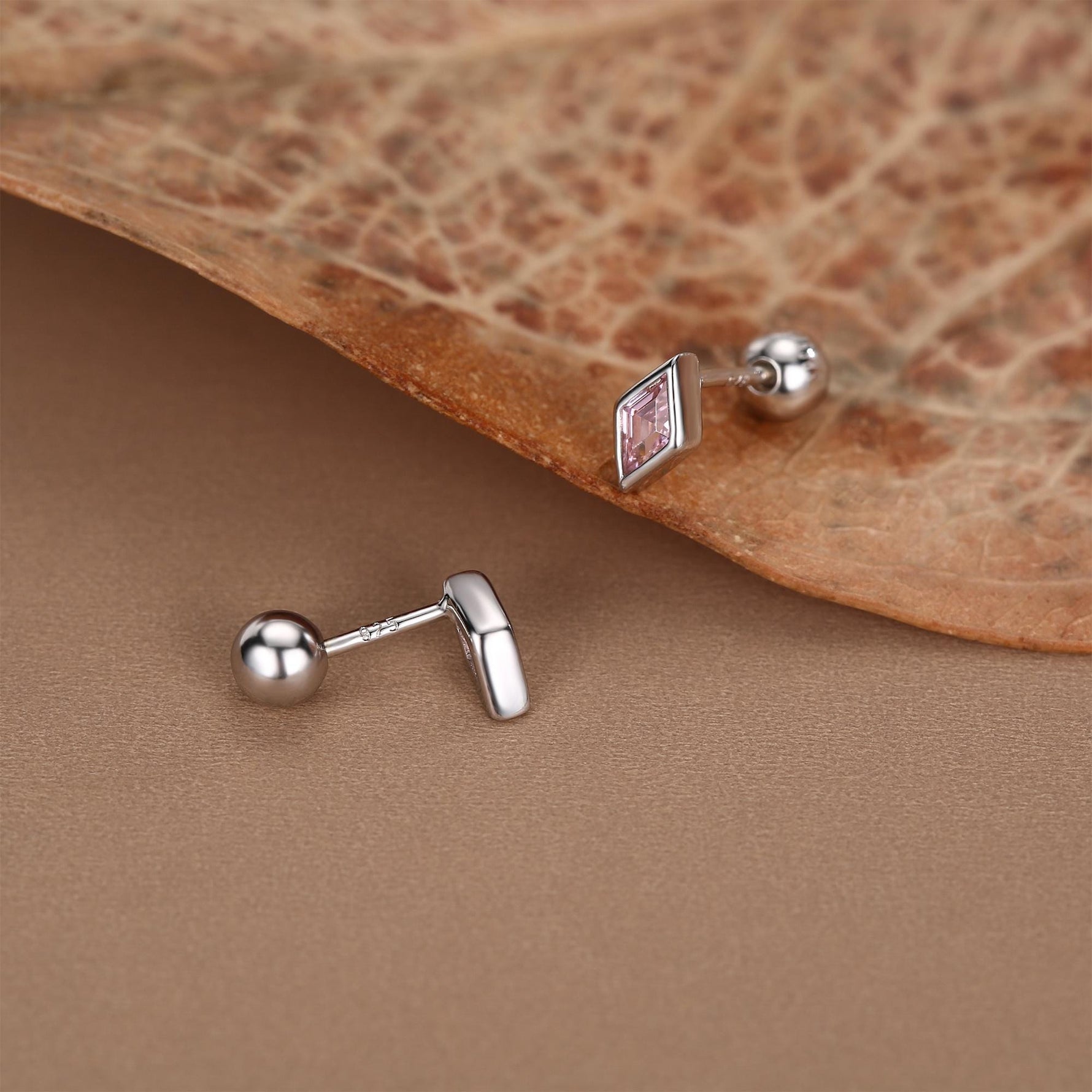 Sterling Silver Pink CZ 18G Screw Back Rhombus Stud Earrings with Ball Backs