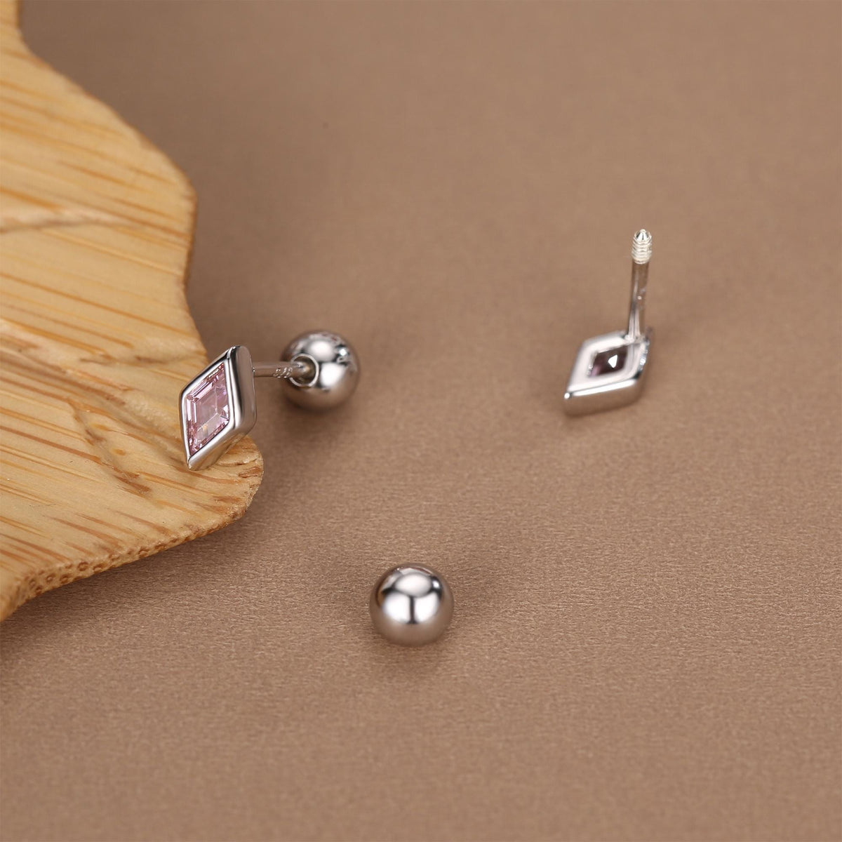 Sterling Silver Pink CZ 18G Screw Back Rhombus Stud Earrings with Ball Backs