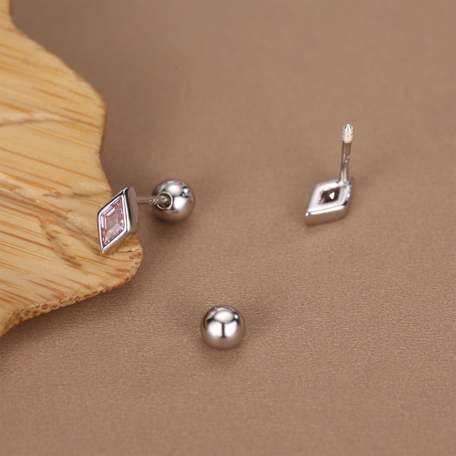Sterling Silver Pink CZ 18G Screw Back Rhombus Stud Earrings with Ball Backs