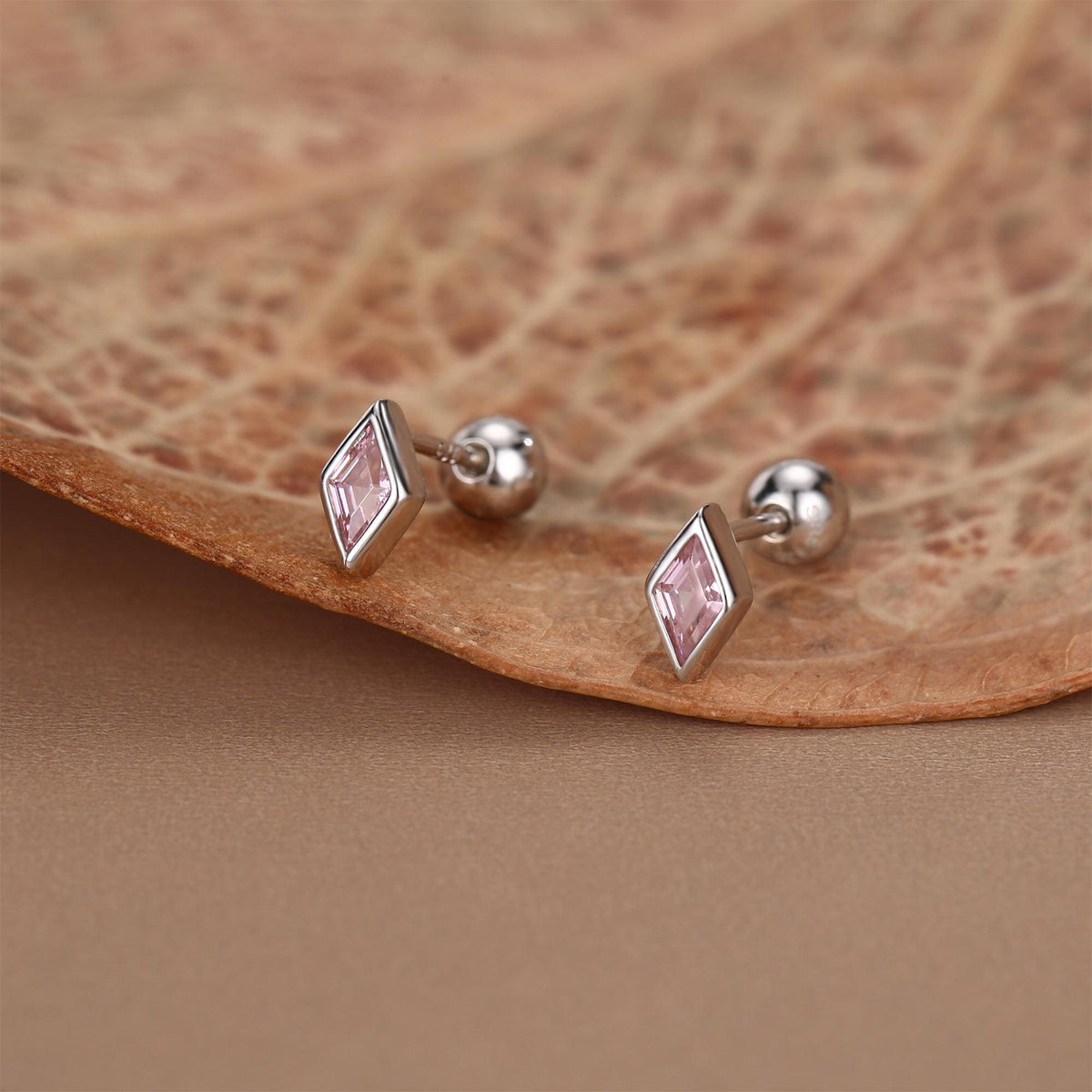 Sterling Silver Pink CZ 18G Screw Back Rhombus Stud Earrings with Ball Backs