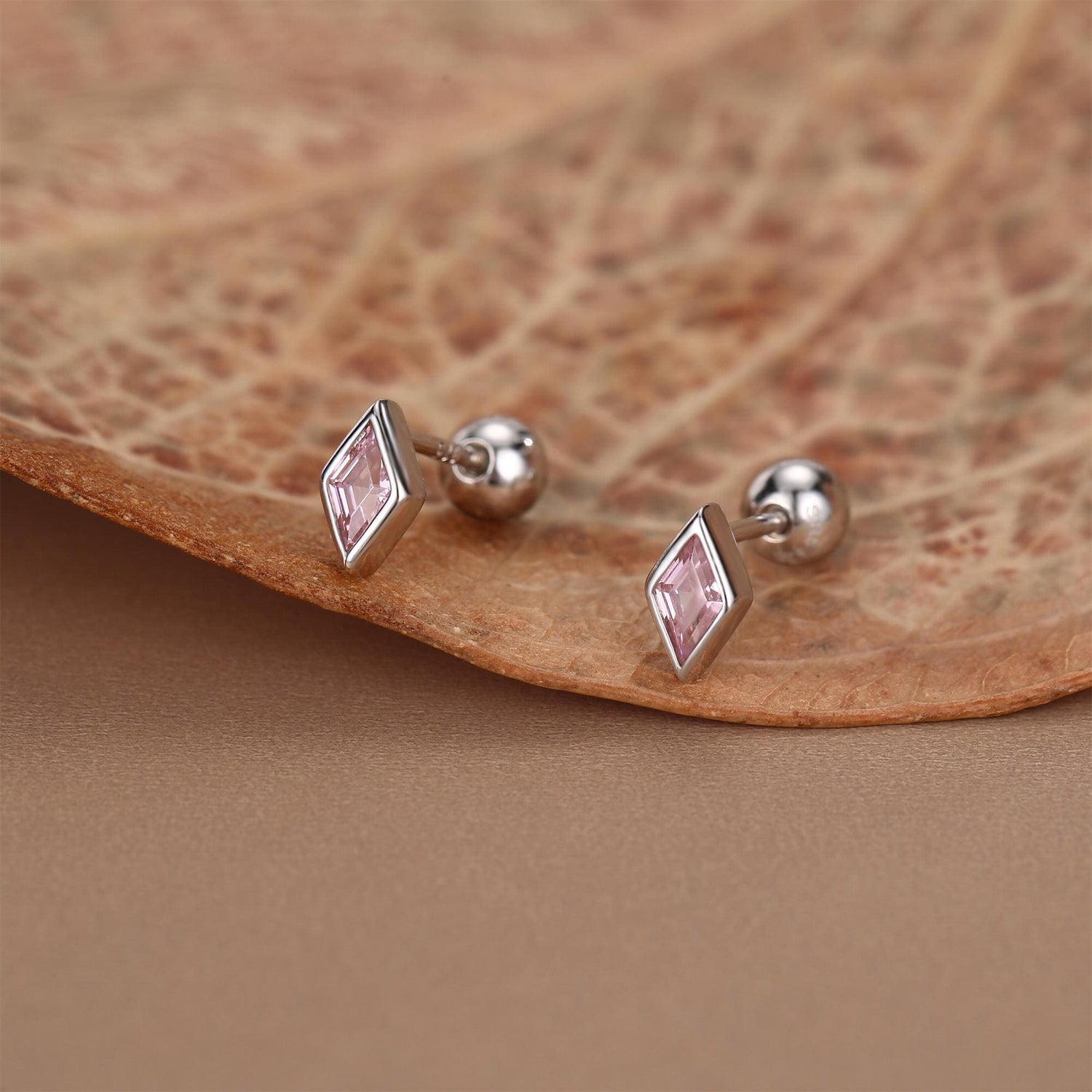 Sterling Silver Pink CZ 18G Screw Back Rhombus Stud Earrings with Ball Backs