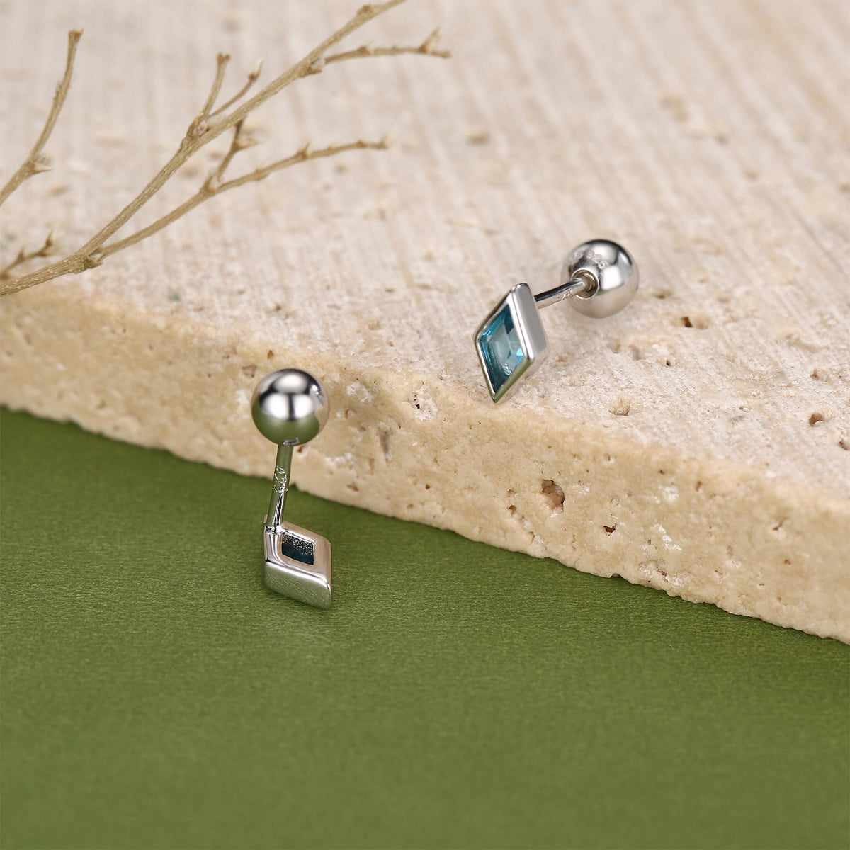 Sterling Silver Sky Blue CZ 18G Screw Back Rhombus Stud Earrings