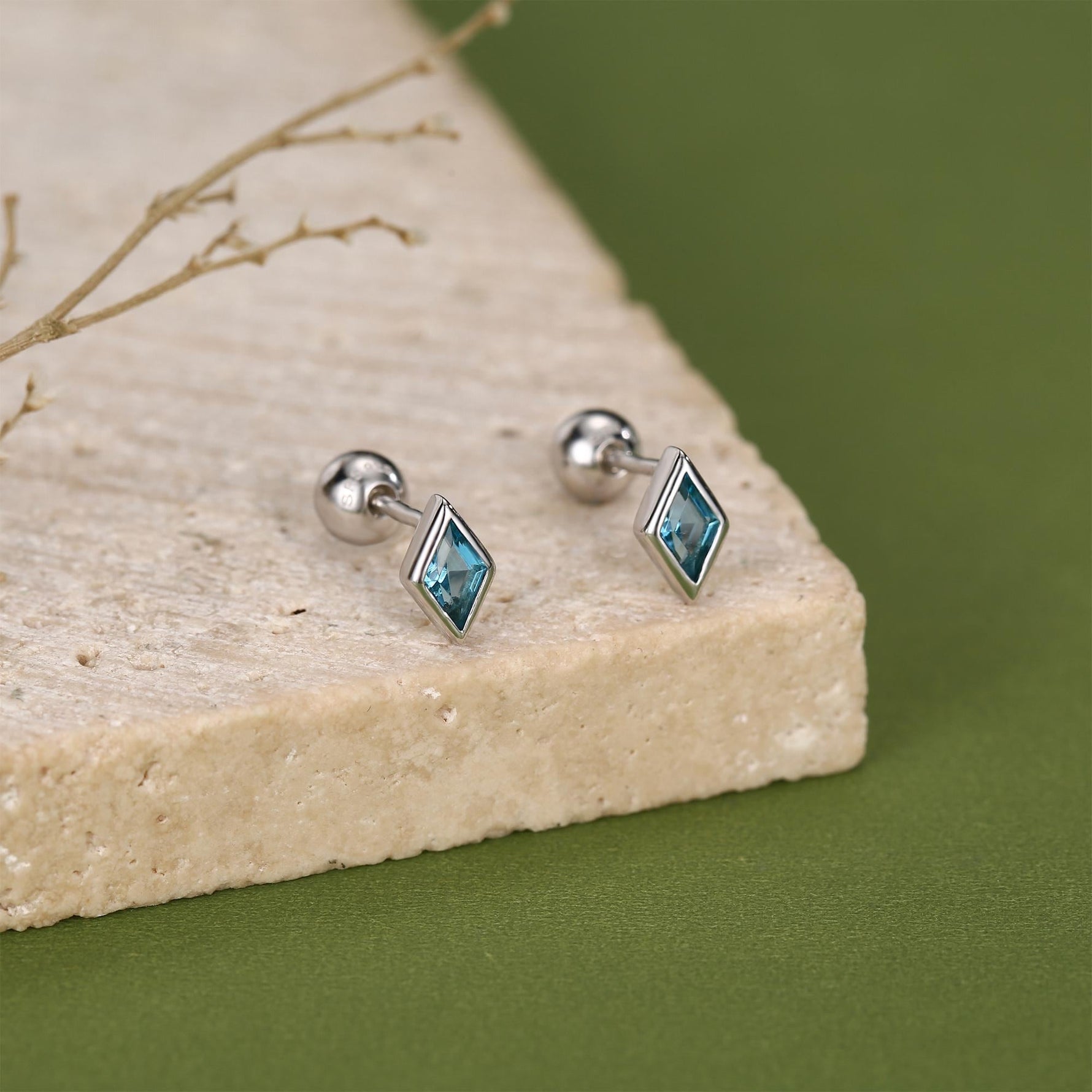 Sterling Silver Sky Blue CZ 18G Screw Back Rhombus Stud Earrings