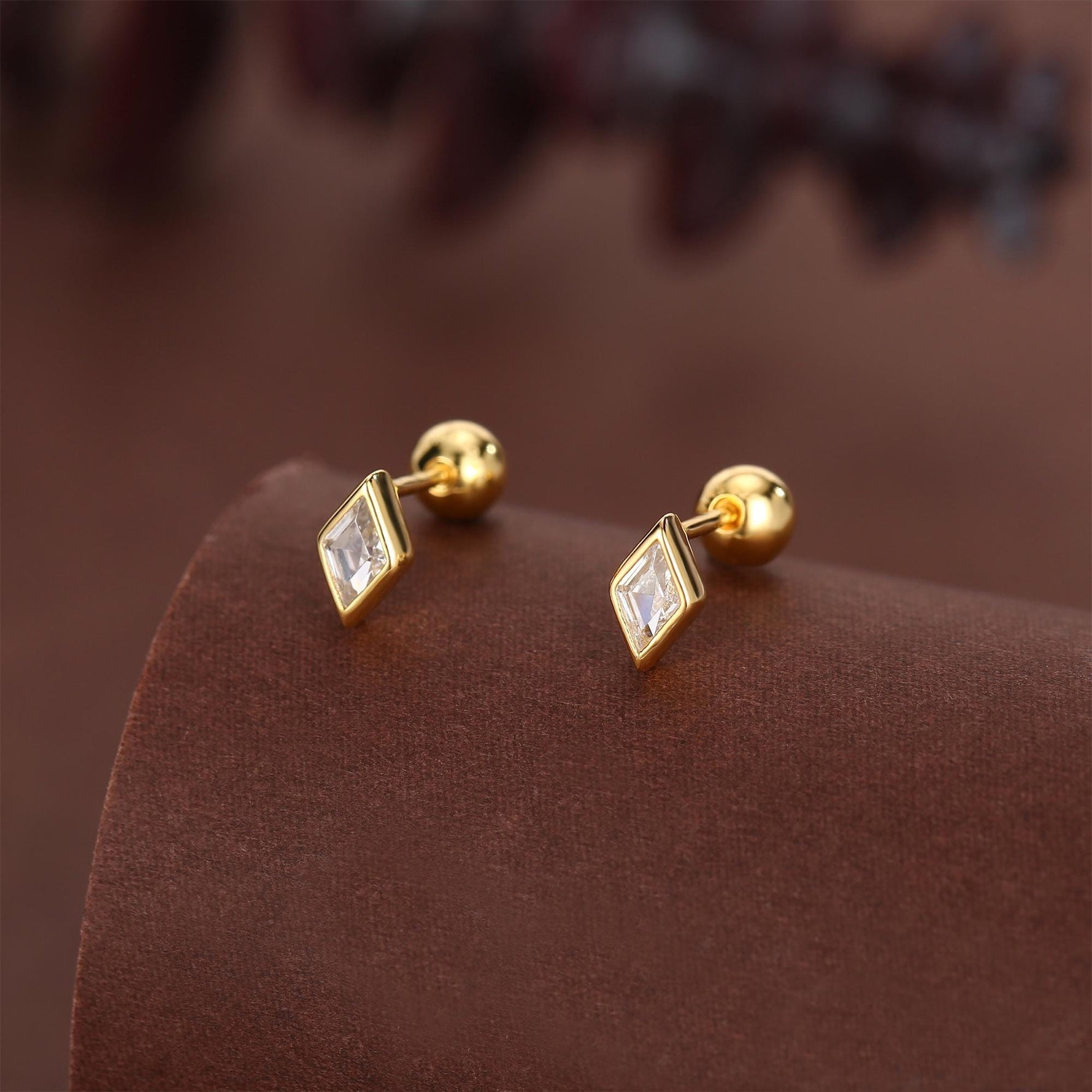 Sterling Silver Clear CZ 18G Screw Back Rhombus Stud Earrings