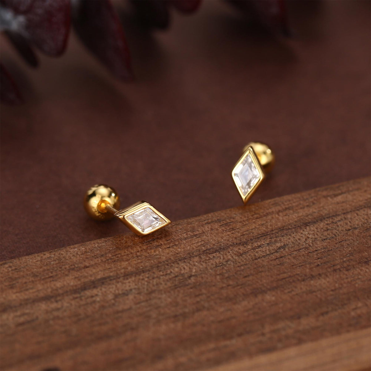 Sterling Silver Clear CZ 18G Screw Back Rhombus Stud Earrings