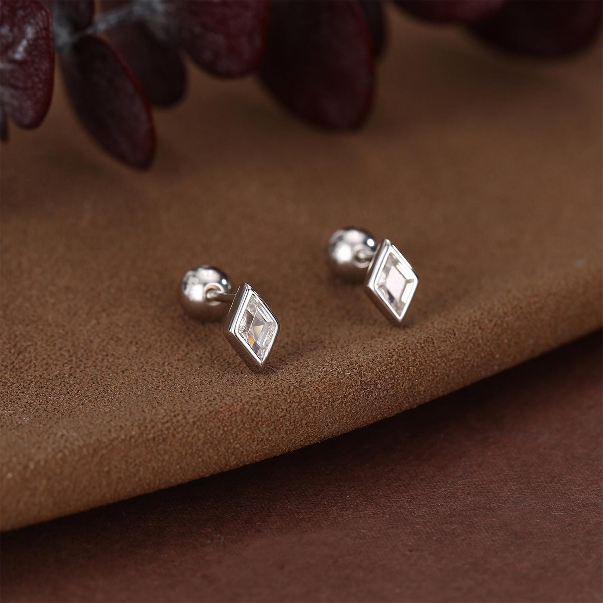 Sterling Silver Clear CZ 18G Screw Back Rhombus Stud Earrings