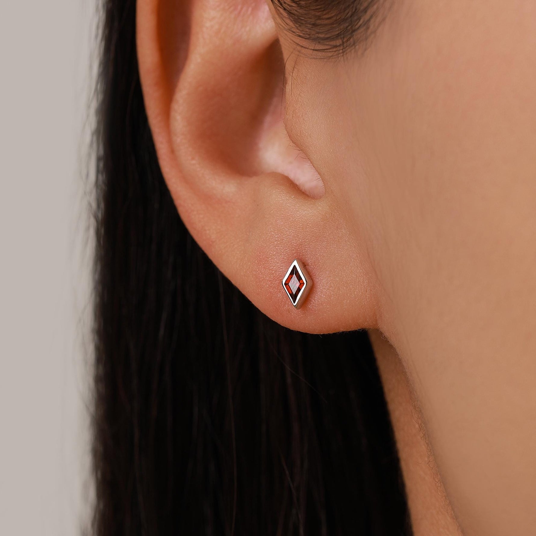 Sterling Silver Garnet Red CZ 18G Screw Back Rhombus Stud Earrings with Ball Backs