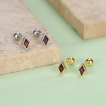 Sterling Silver Garnet Red CZ 18G Screw Back Rhombus Stud Earrings with Ball Backs