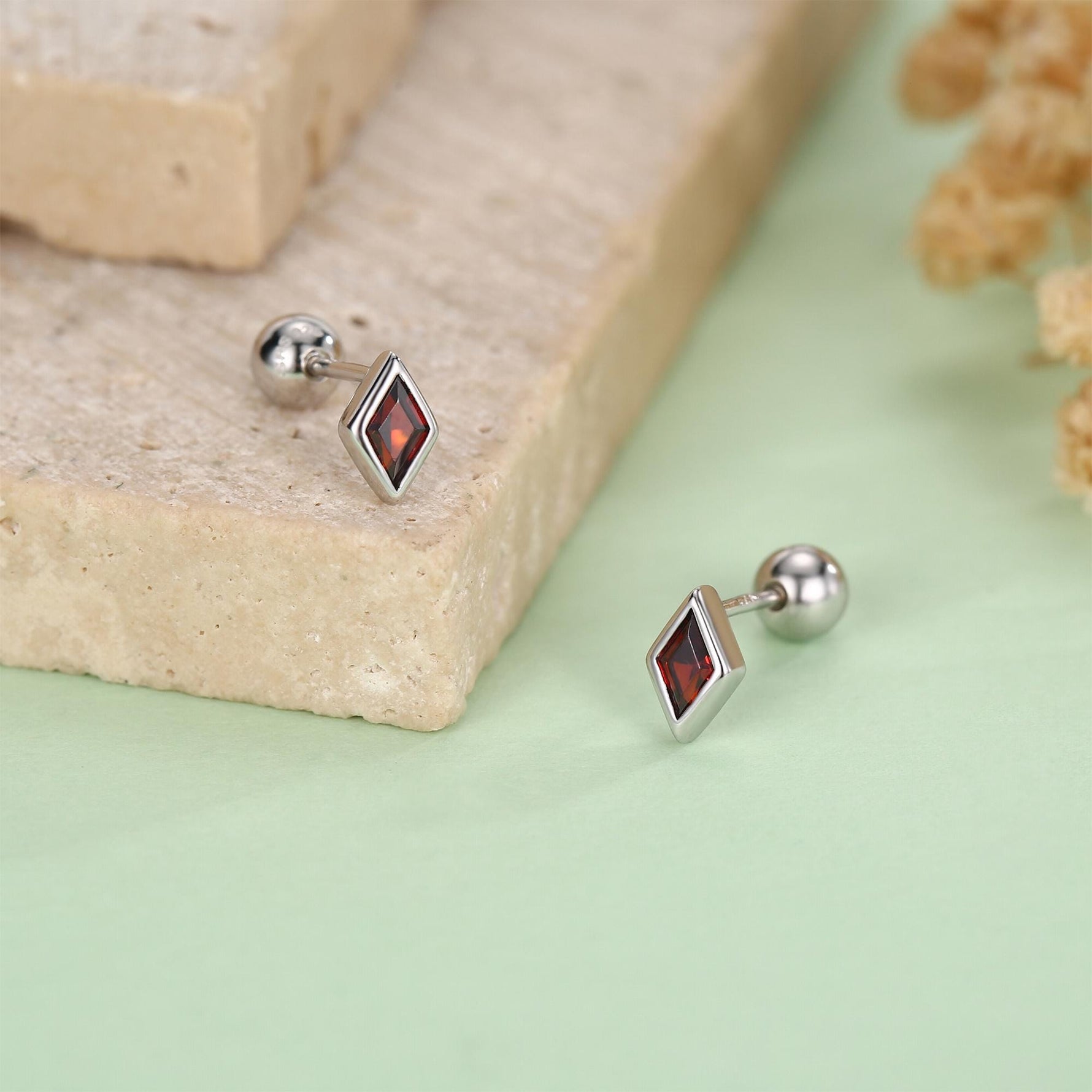 Sterling Silver Garnet Red CZ 18G Screw Back Rhombus Stud Earrings with Ball Backs