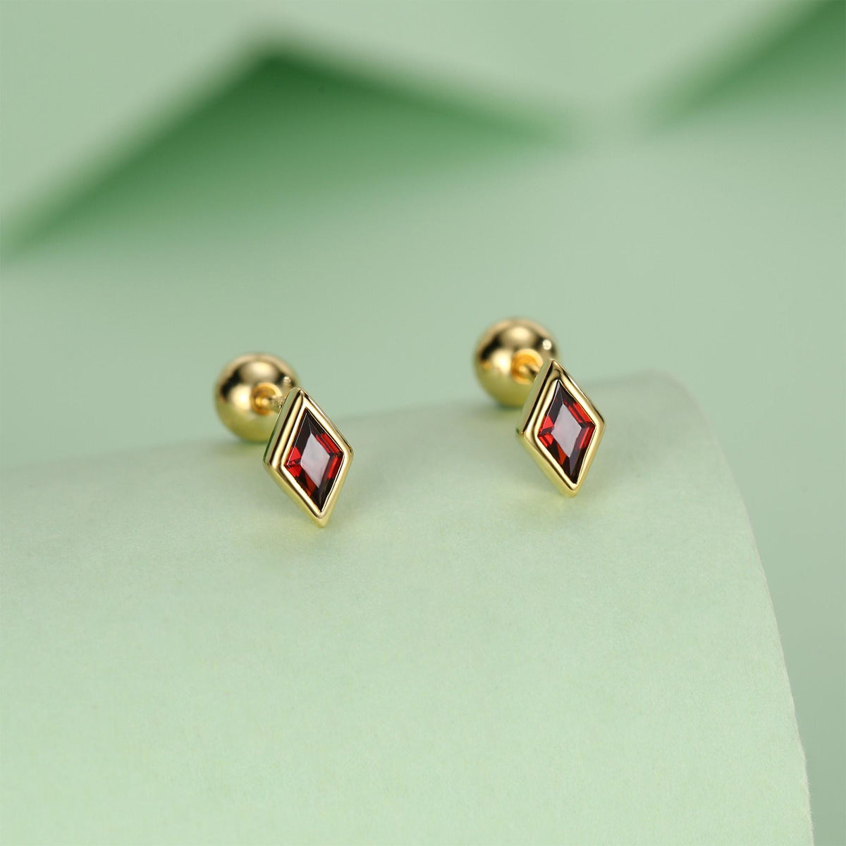 Sterling Silver Garnet Red CZ 18G Screw Back Rhombus Stud Earrings with Ball Backs