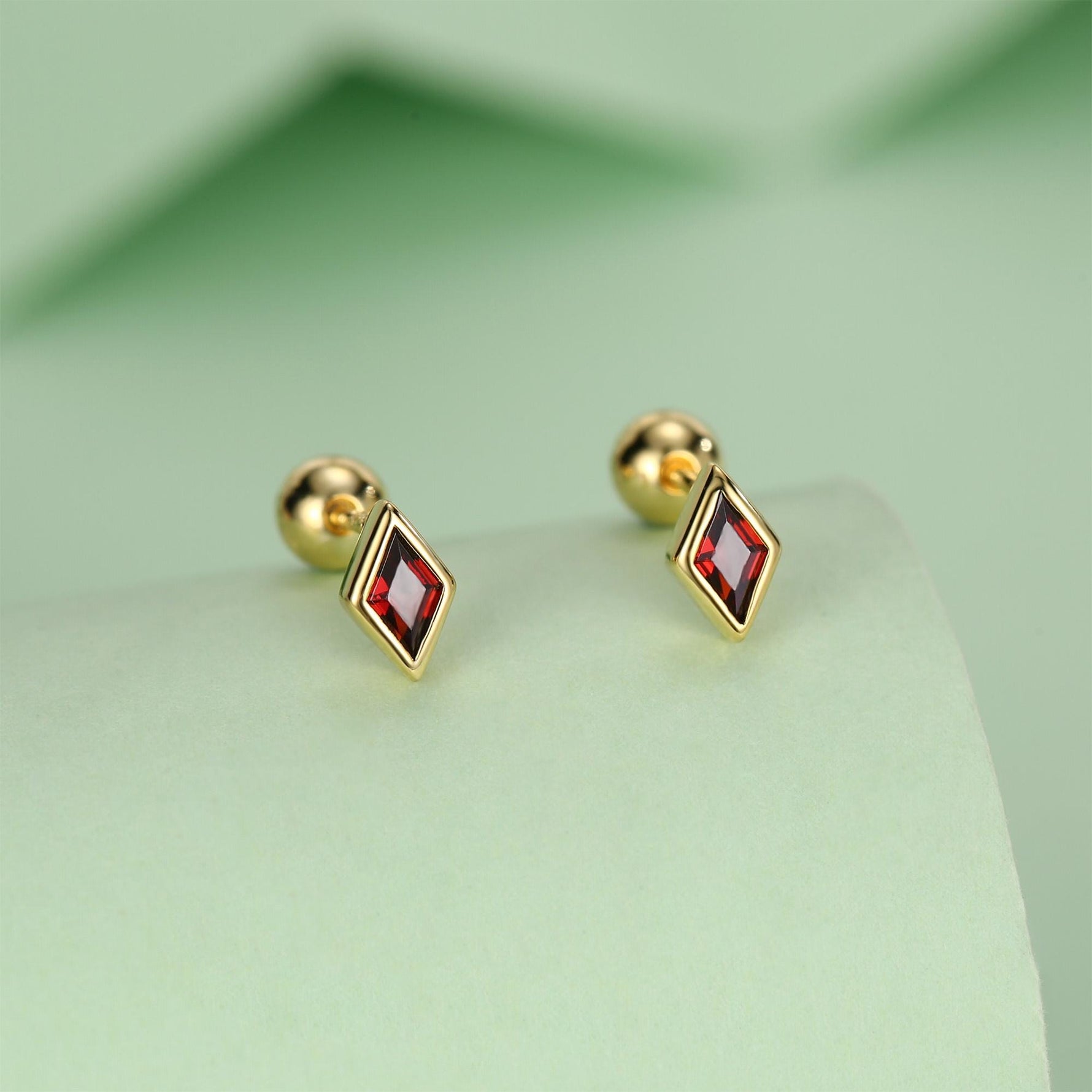 Sterling Silver Garnet Red CZ 18G Screw Back Rhombus Stud Earrings with Ball Backs