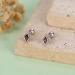 Sterling Silver Garnet Red CZ 18G Screw Back Rhombus Stud Earrings with Ball Backs