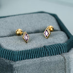 Sterling Silver Amethyst Purple CZ 18G Screw Back Rhombus Stud Earrings with Ball Backs