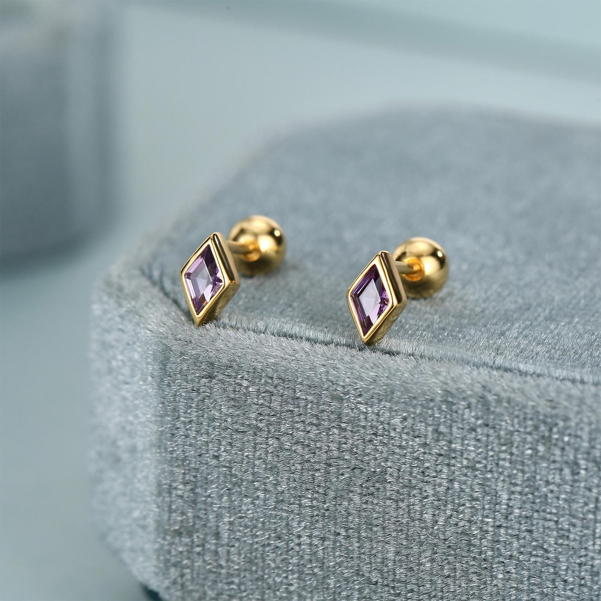Sterling Silver Amethyst Purple CZ 18G Screw Back Rhombus Stud Earrings with Ball Backs