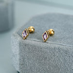 Sterling Silver Amethyst Purple CZ 18G Screw Back Rhombus Stud Earrings with Ball Backs