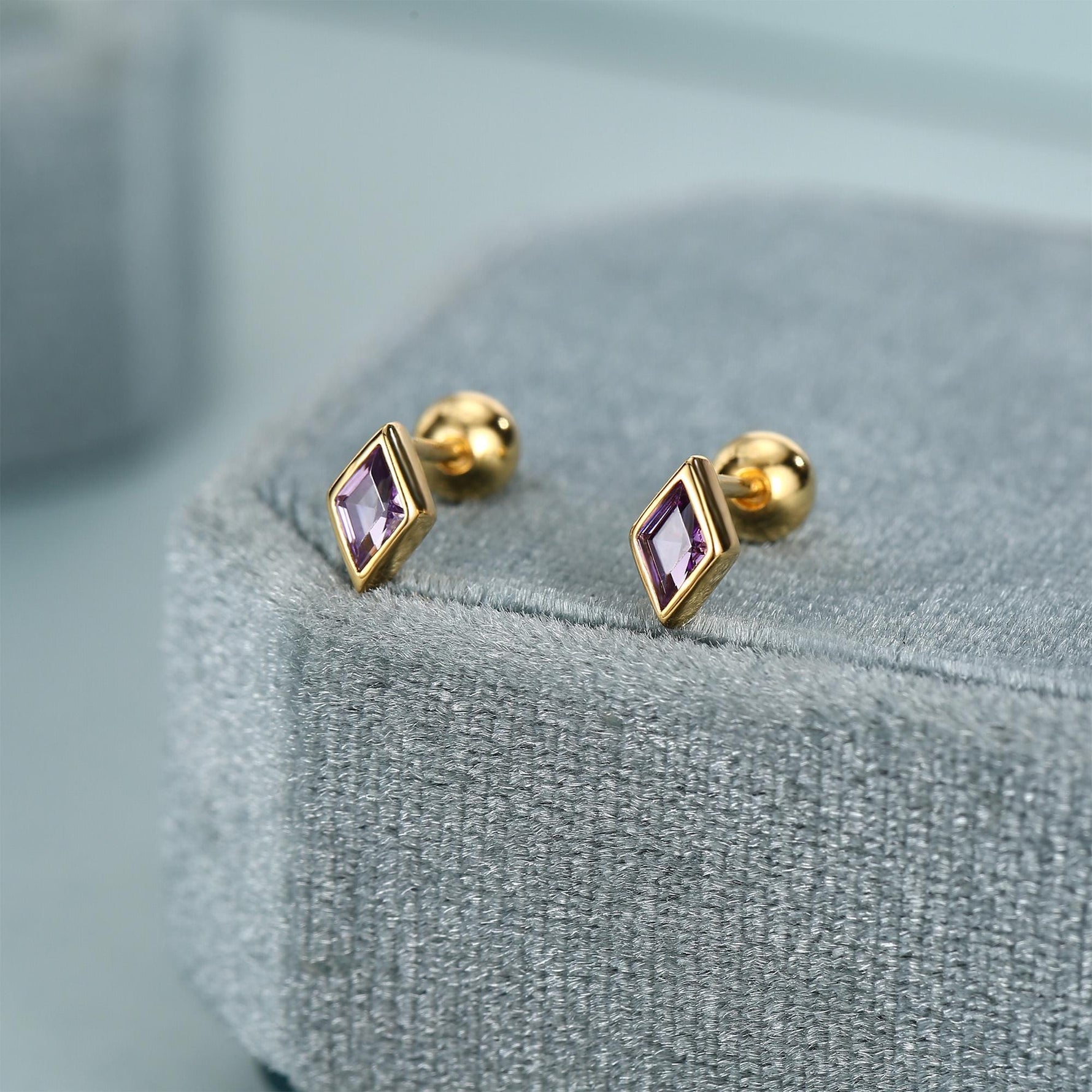 Sterling Silver Amethyst Purple CZ 18G Screw Back Rhombus Stud Earrings with Ball Backs
