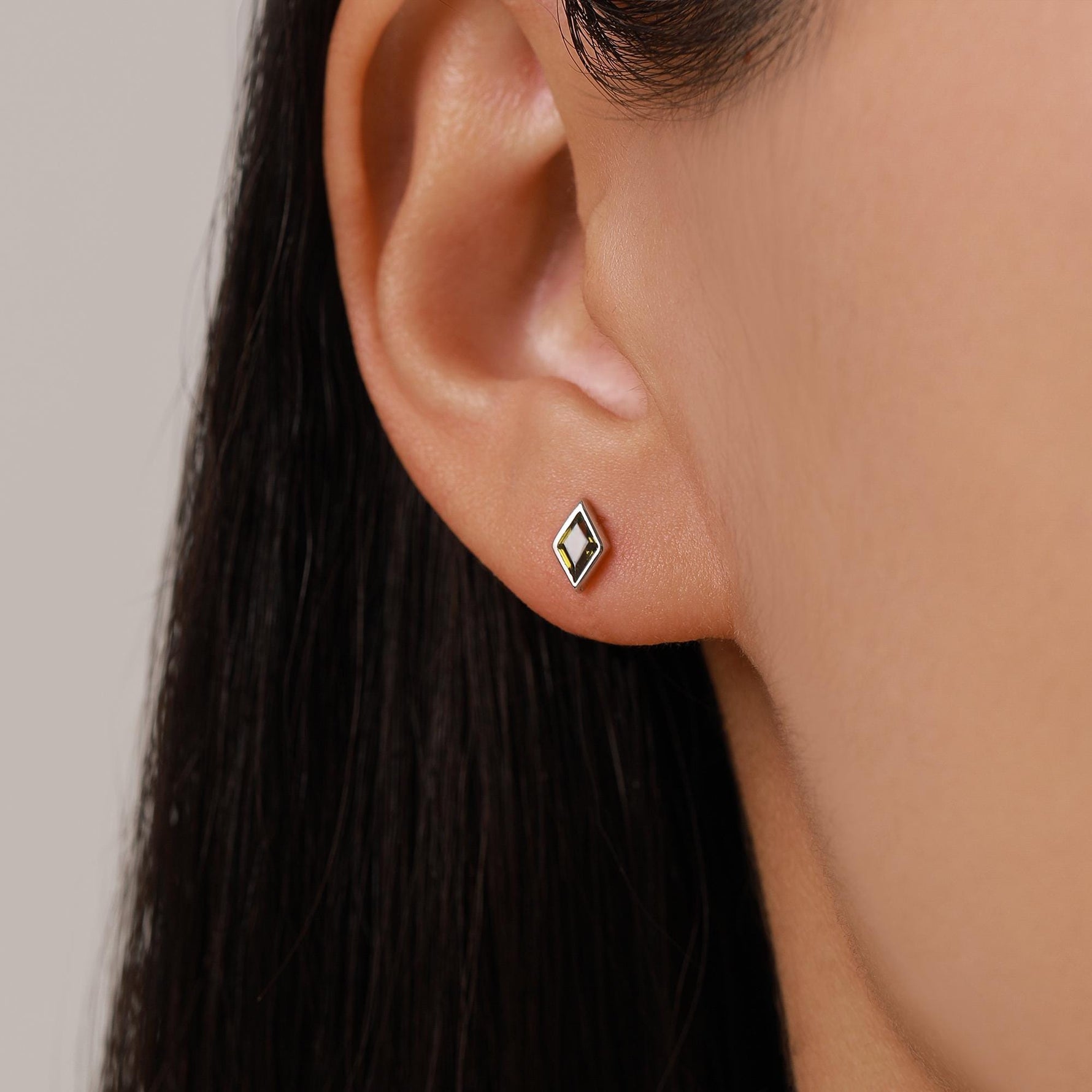 Sterling Silver Olive Green CZ 18G Screw Back Rhombus Stud Earrings