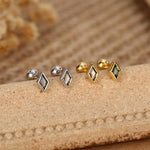 Sterling Silver Olive Green CZ 18G Screw Back Rhombus Stud Earrings