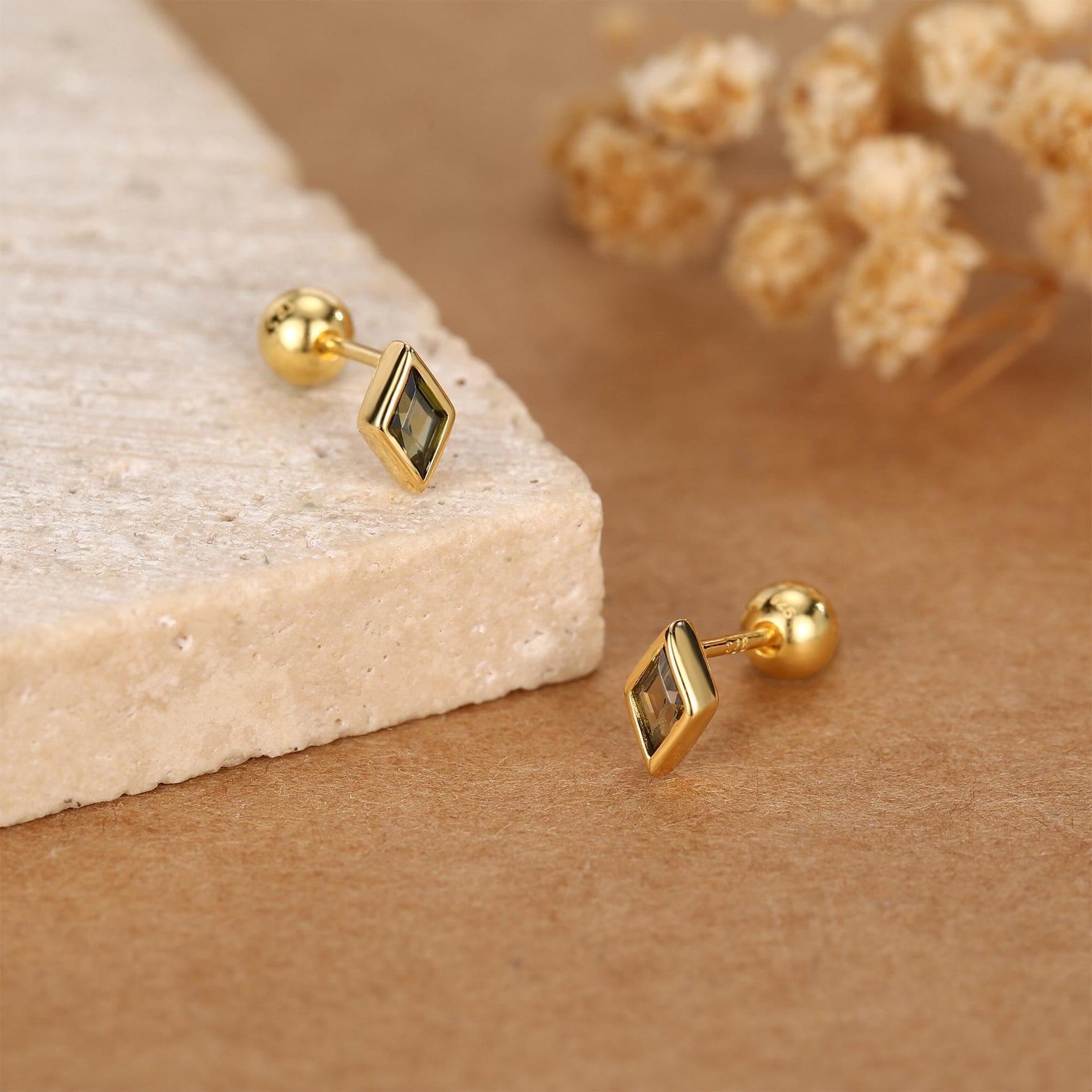Sterling Silver Olive Green CZ 18G Screw Back Rhombus Stud Earrings