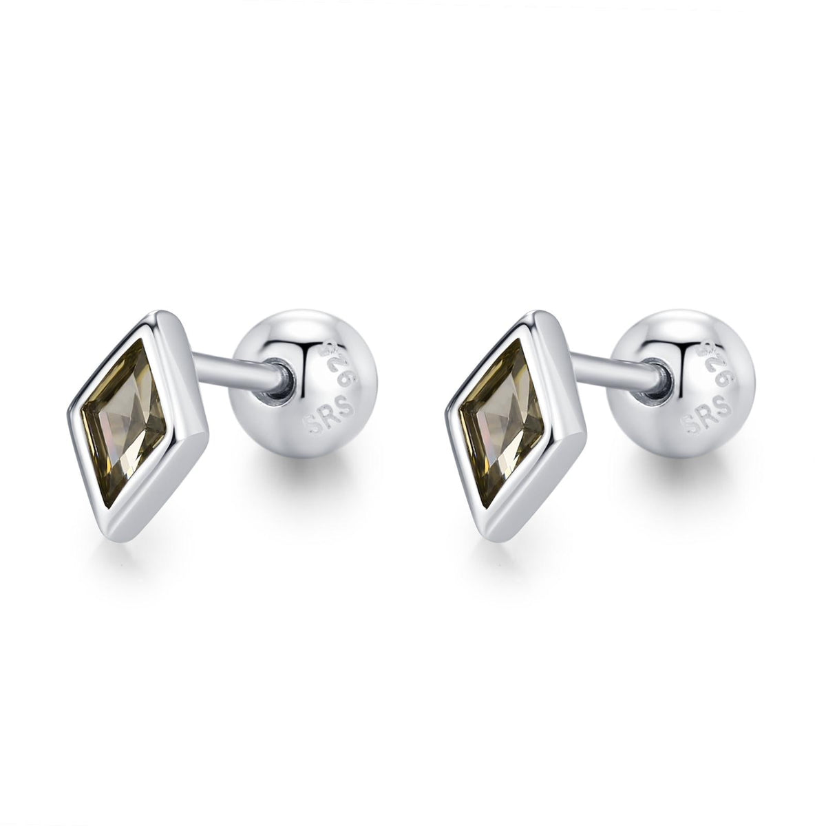Sterling Silver Olive Green CZ 18G Screw Back Rhombus Stud Earrings