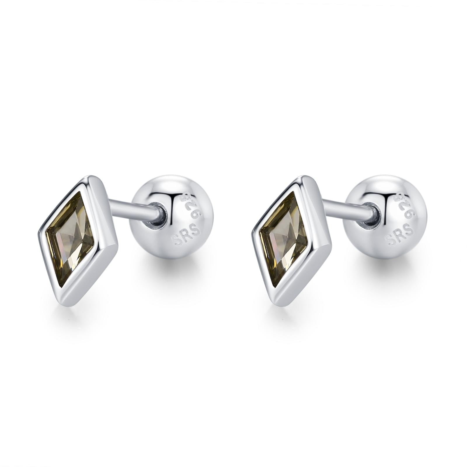 Sterling Silver Olive Green CZ 18G Screw Back Rhombus Stud Earrings