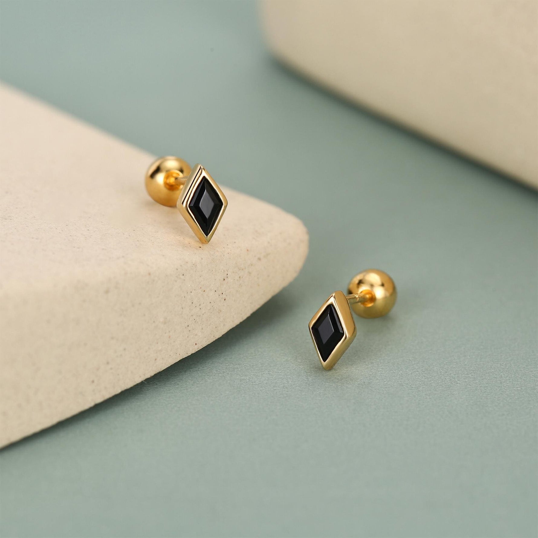 Sterling Silver Black CZ 18G Screw Back Rhombus Stud Earrings