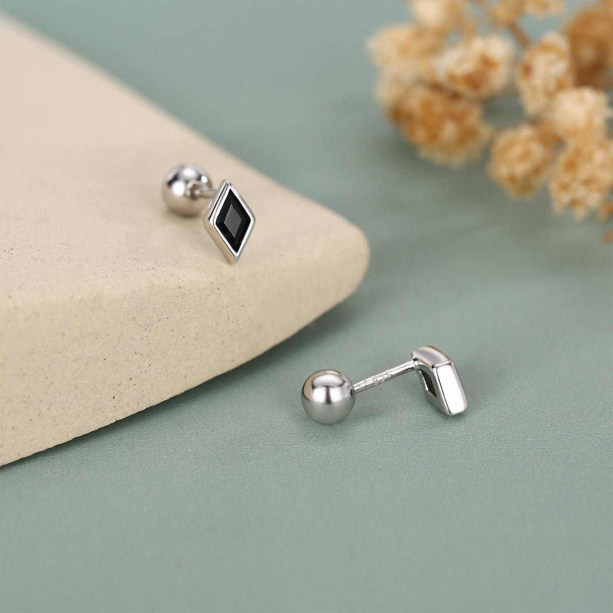 Sterling Silver Black CZ 18G Screw Back Rhombus Stud Earrings