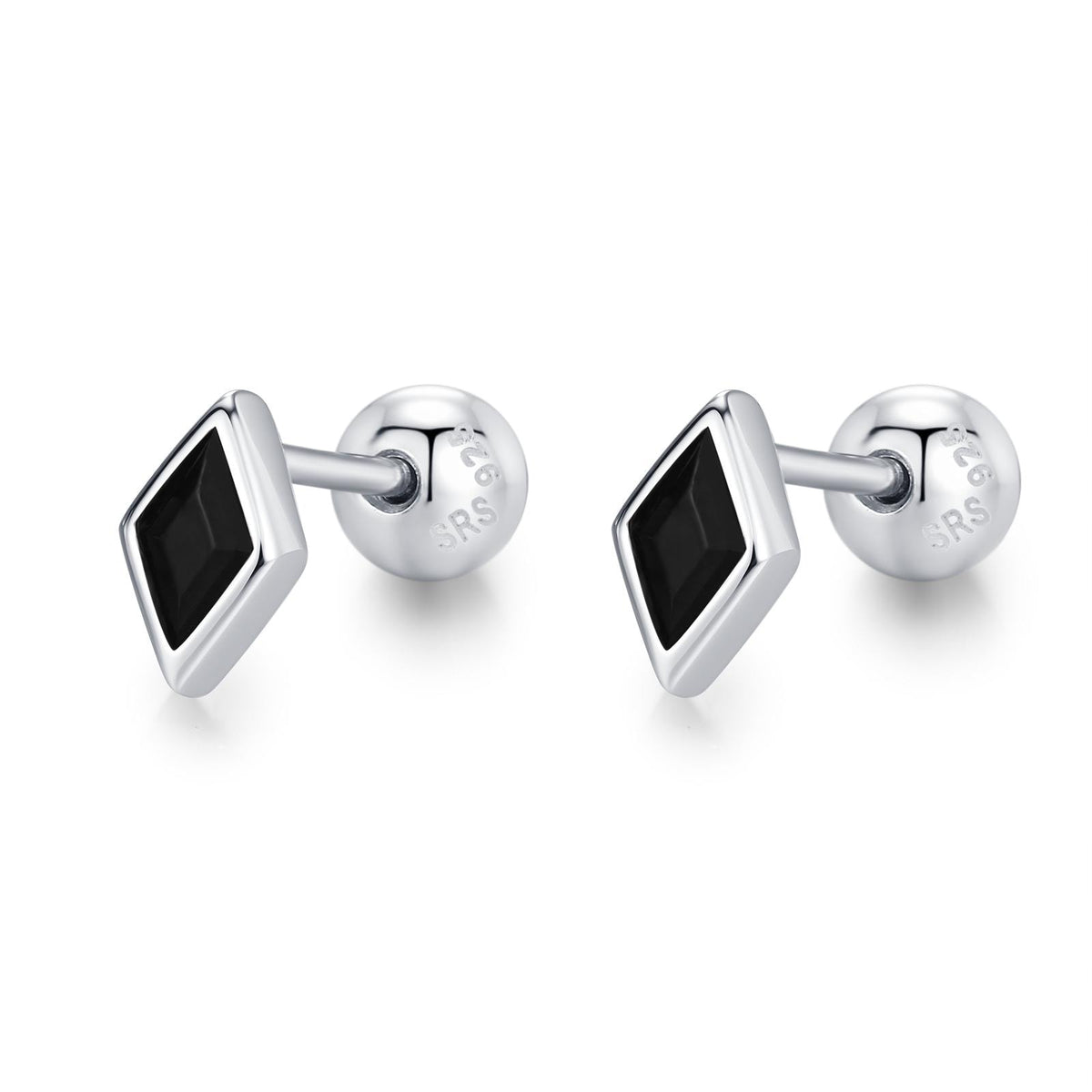 Sterling Silver Black CZ 18G Screw Back Rhombus Stud Earrings