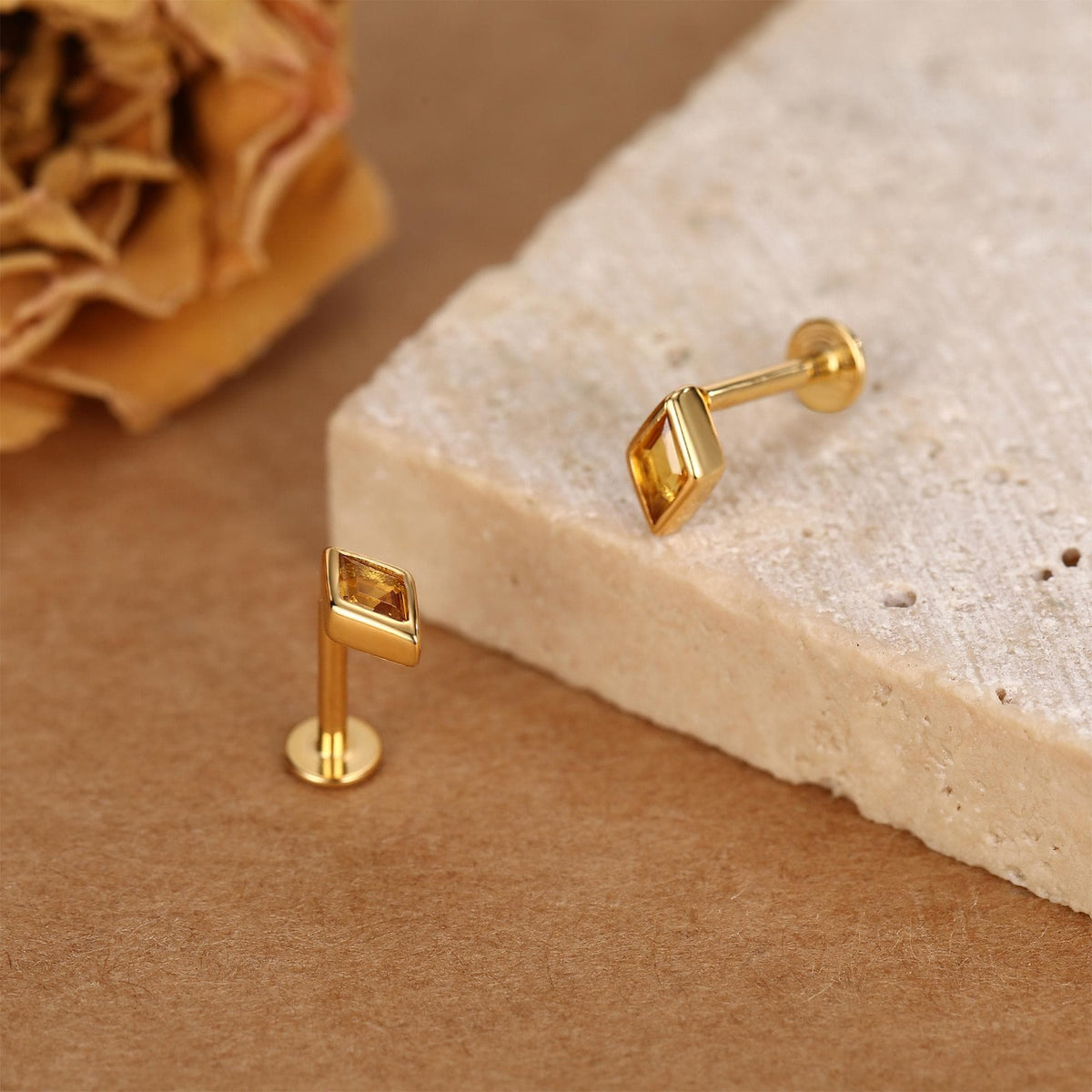 Sterling Silver Citrine CZ Rhombus 16G Flat Back Labret Earrings