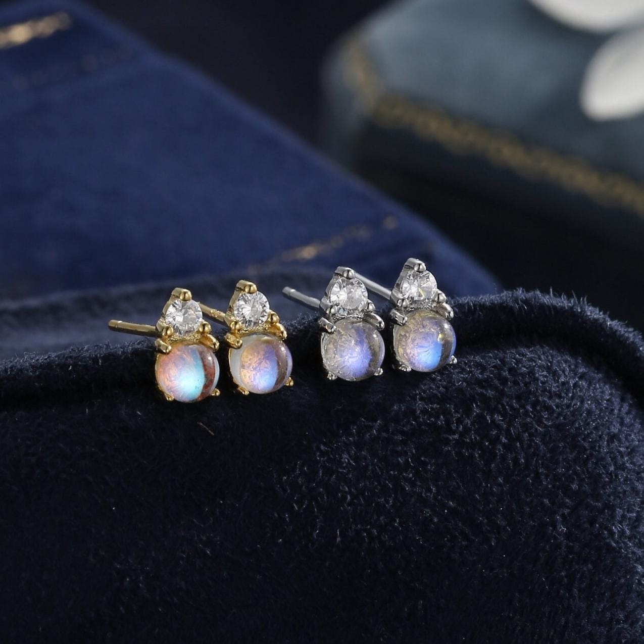 Sterling Silver Tiny Moonstone and CZ Stud Earrings, CZ and Moonstone Earrings, Lab Created Moonstone Earrings