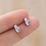 Sterling Silver Tiny Moonstone and CZ Stud Earrings, CZ and Moonstone Earrings, Lab Created Moonstone Earrings