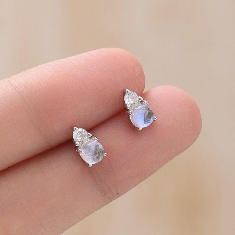 Sterling Silver Tiny Moonstone and CZ Stud Earrings, CZ and Moonstone Earrings, Lab Created Moonstone Earrings