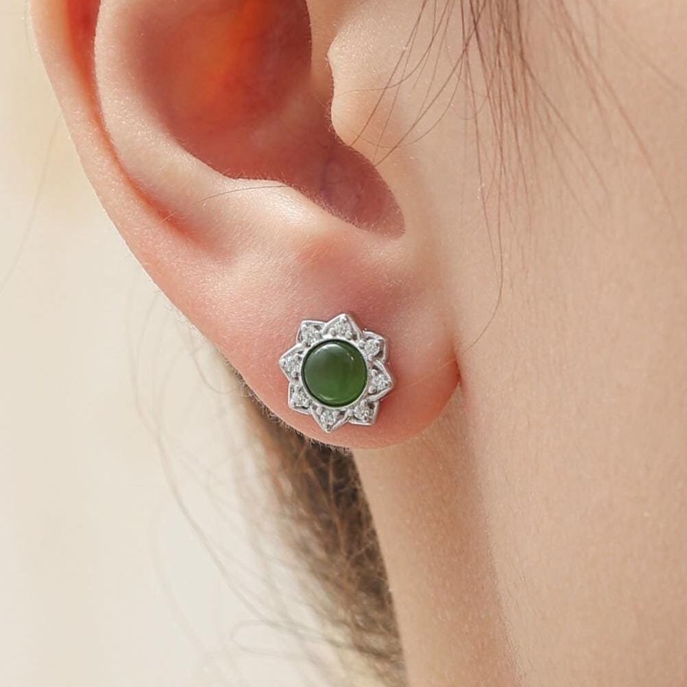 Vintage Inspired Jade Flower CZ Stud Earrings, Jade Halo CZ Earrings, Natural Jasper Jade Earrings, Jade CZ Earrings