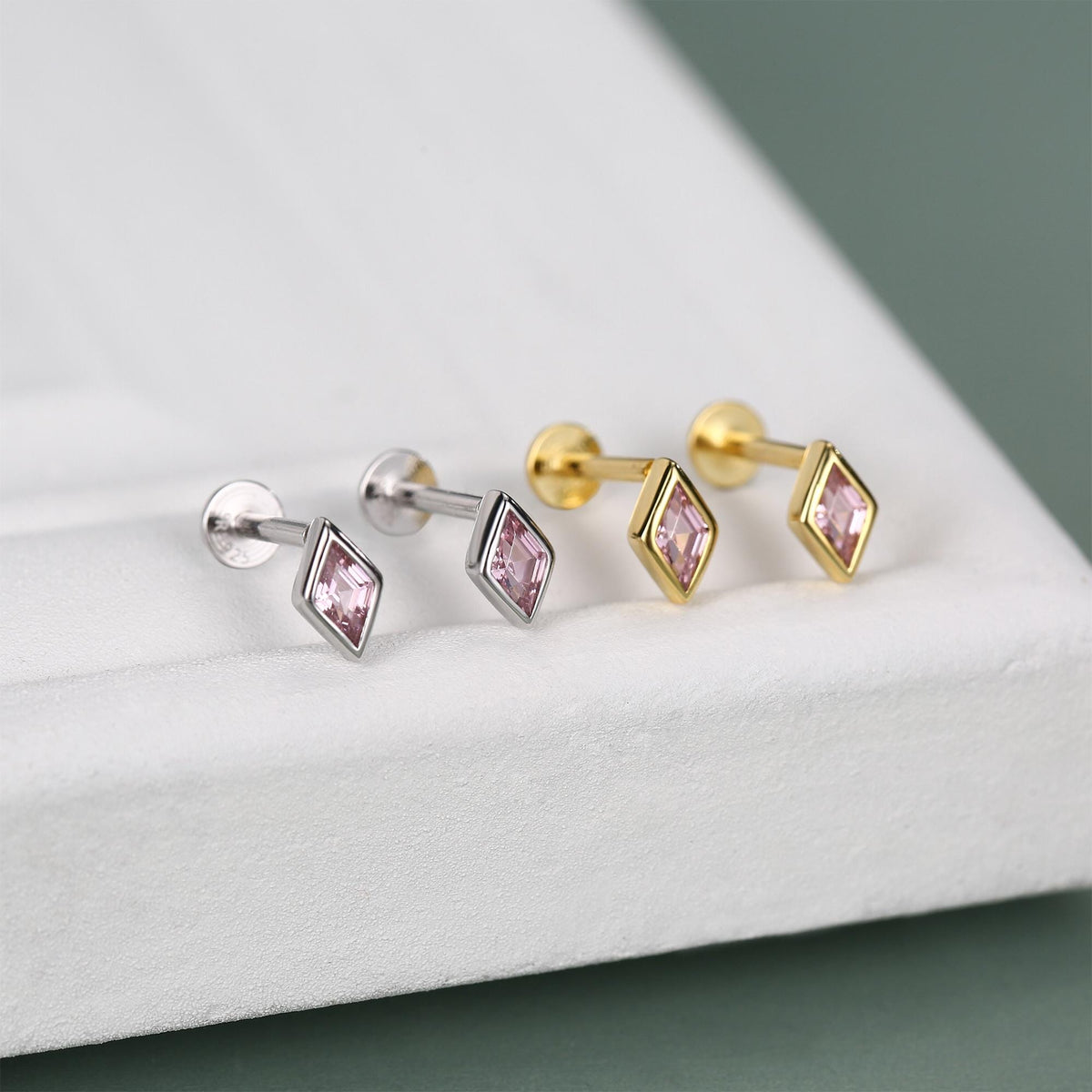 Sterling Silver Pink CZ Rhombus 16G Flat Back Labret Earrings