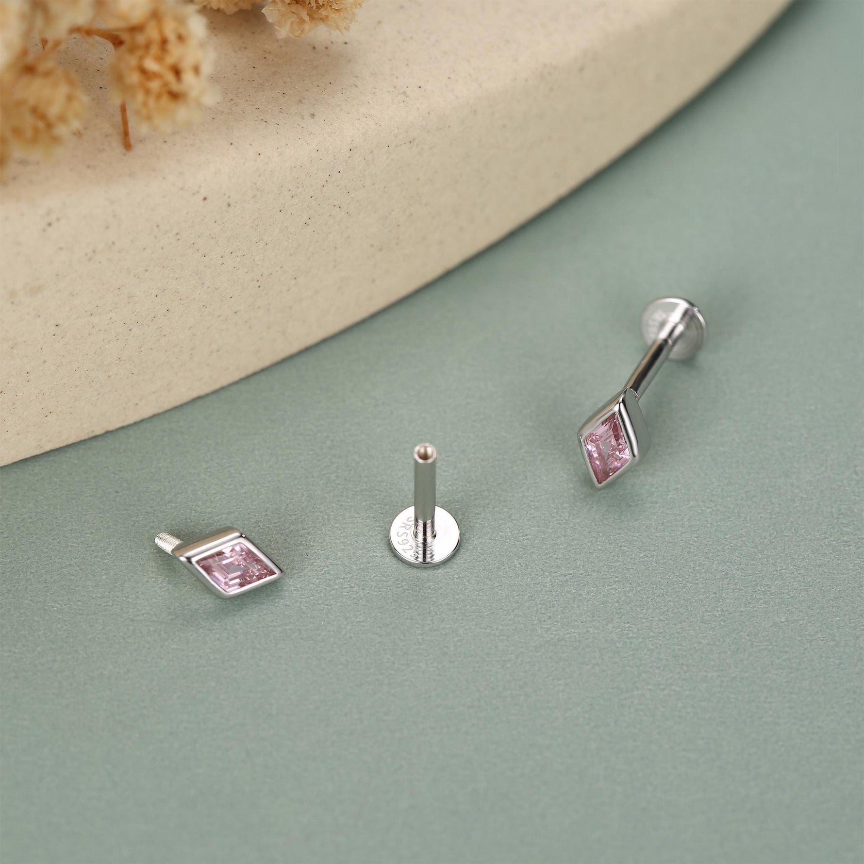 Sterling Silver Pink CZ Rhombus 16G Flat Back Labret Earrings