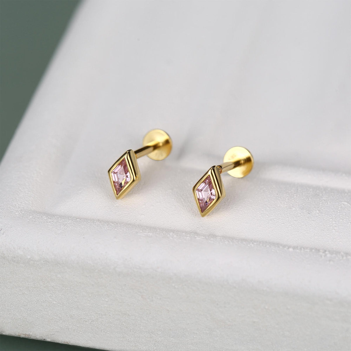 Sterling Silver Pink CZ Rhombus 16G Flat Back Labret Earrings